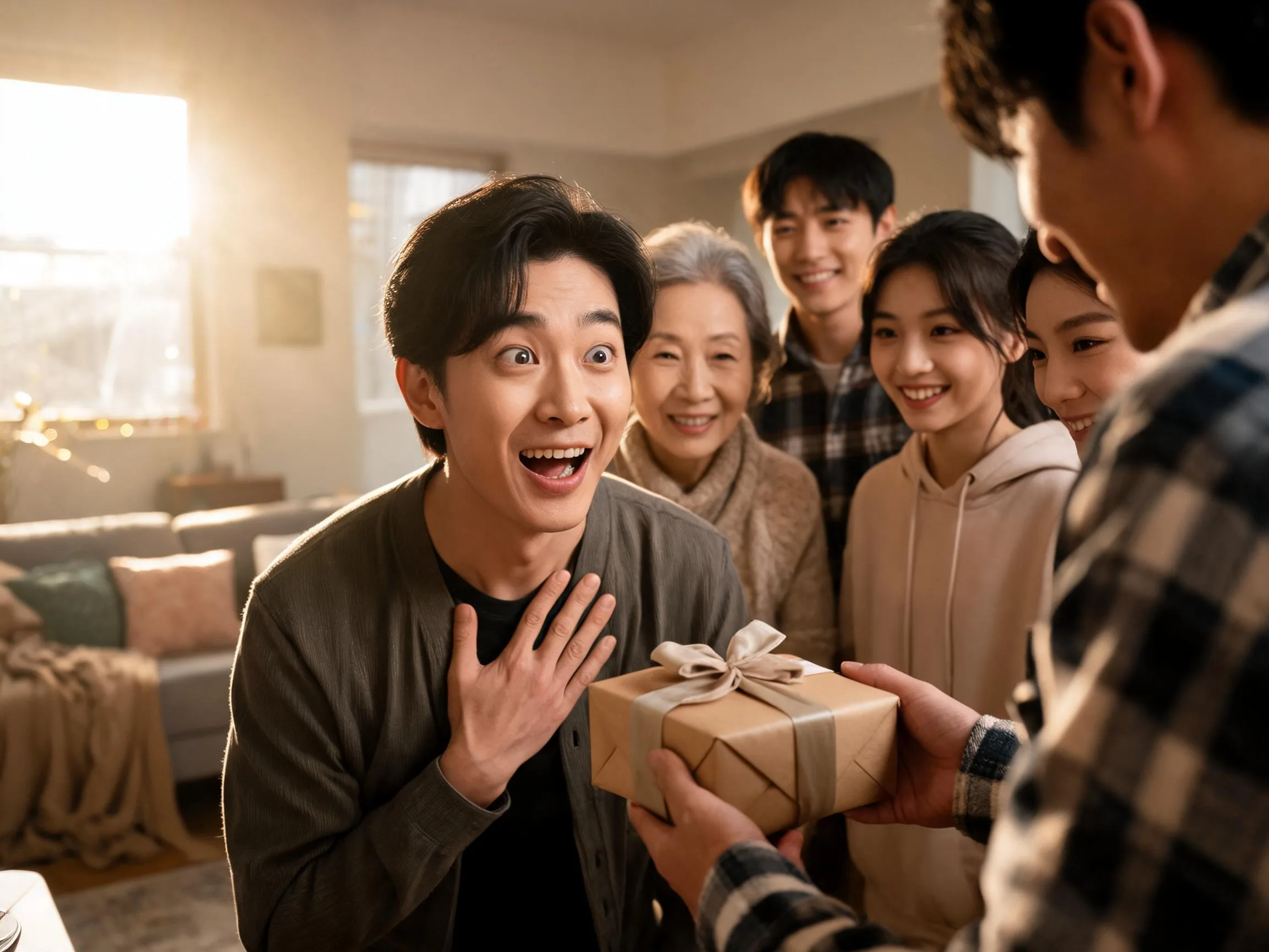 Family surprising a loved one with an unexpected gift in warm natural light.