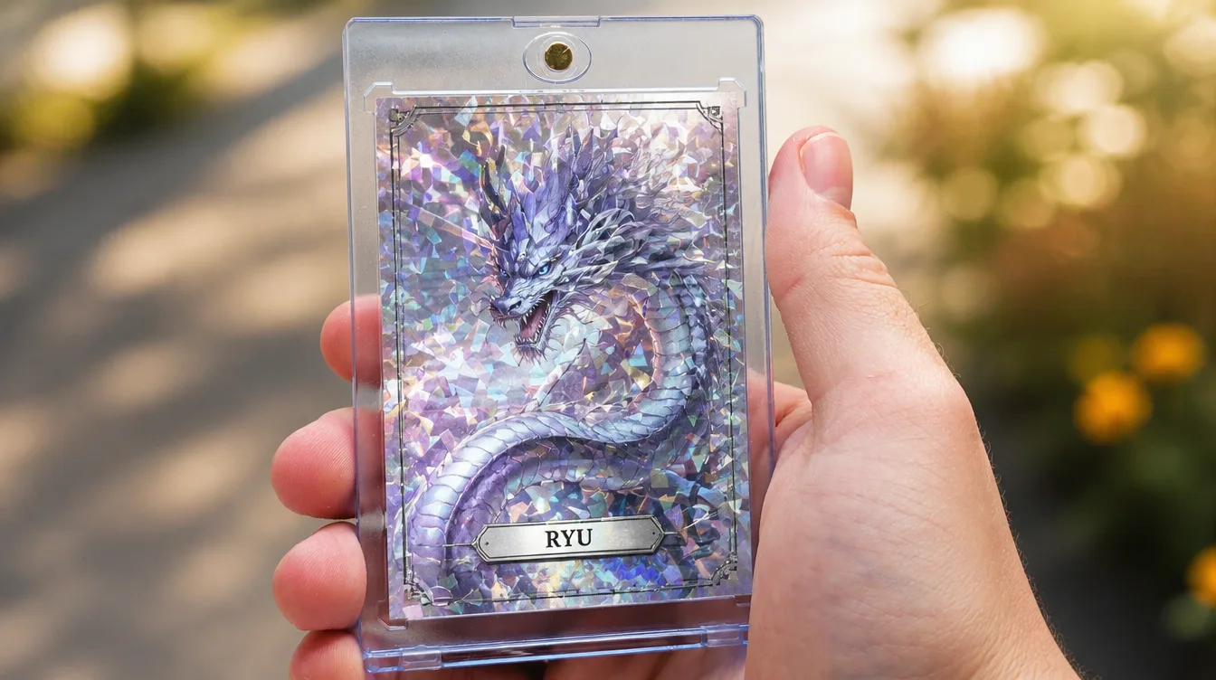Custom anime-style monster card from the Yugioh card maker held in a magnetic case