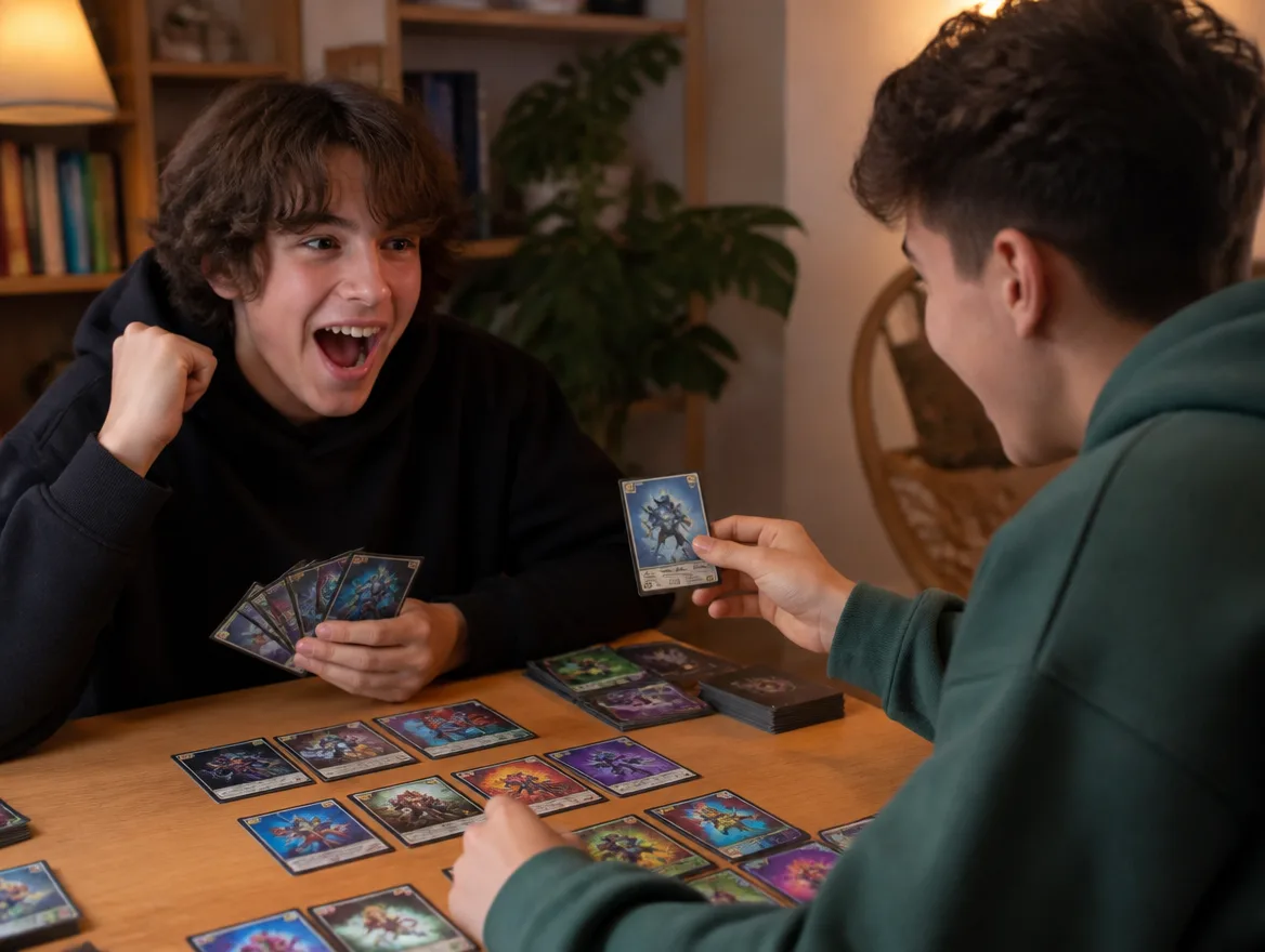 Teens dueling with custom anime-style monster trading cards