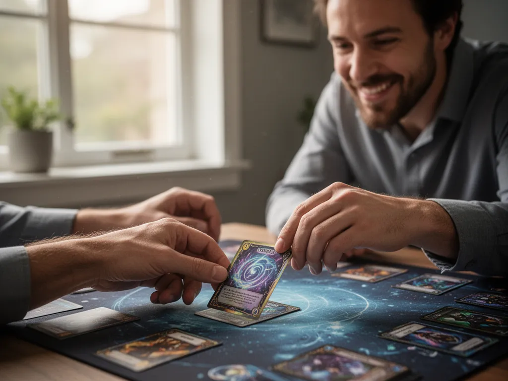 [Young card player placing holographic card during game with mentor coach watching proudly in background]