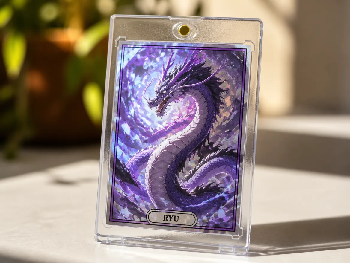 Custom monster trading card standing in a premium clear magnetic case