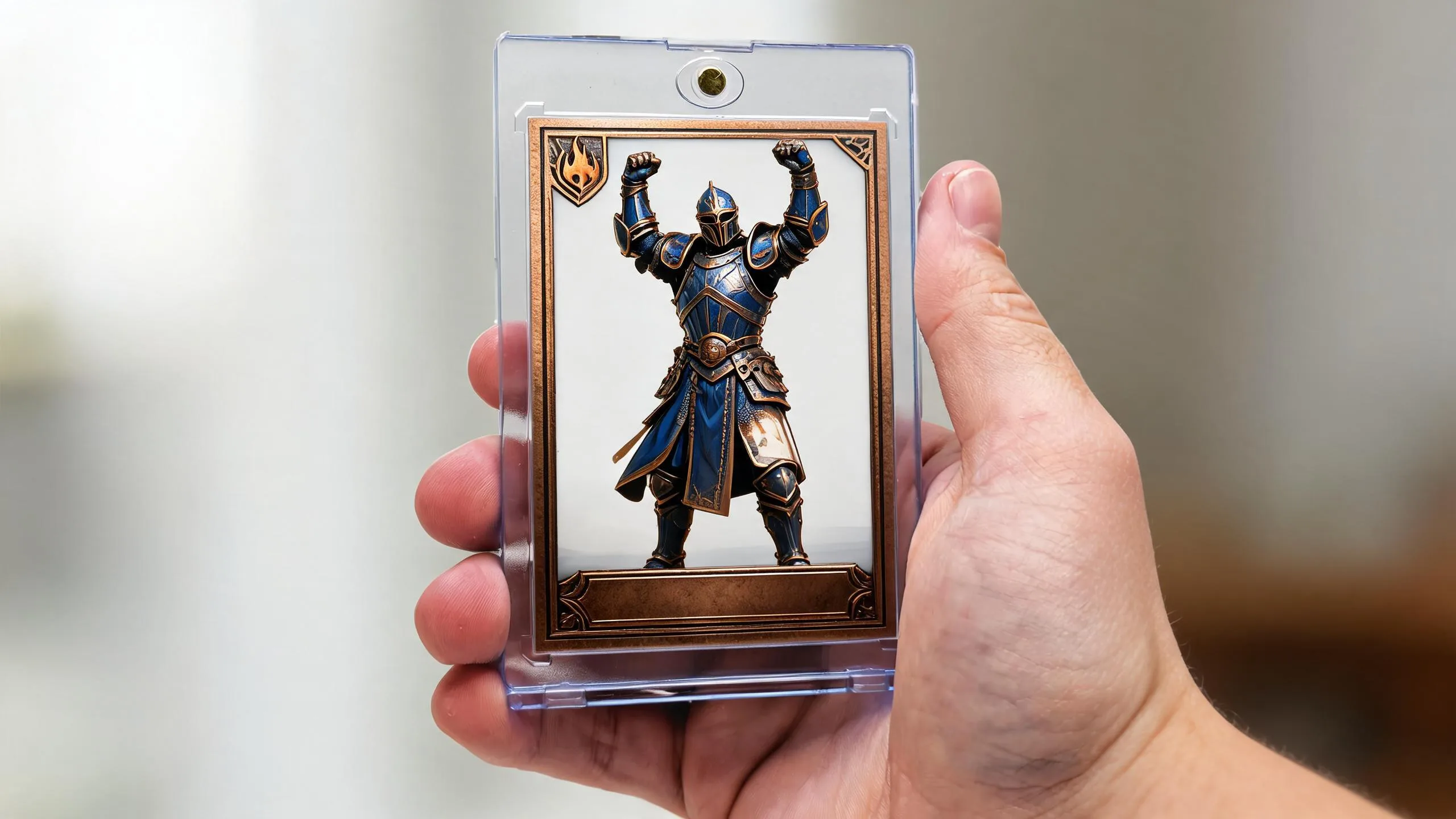 Hand holding a yugioh card printer output, custom fantasy card in a magnetic acrylic case
