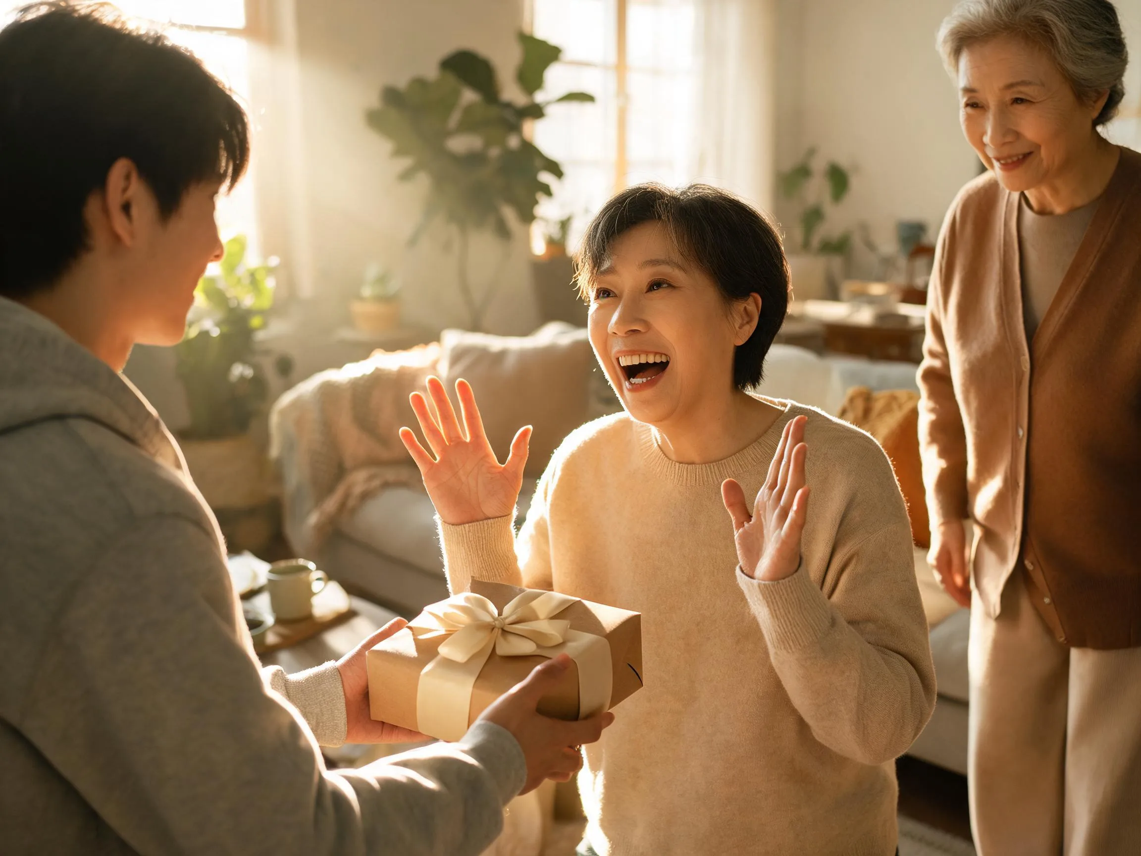 Family member reacting with joyful surprise while receiving an unexpected wrapped gift