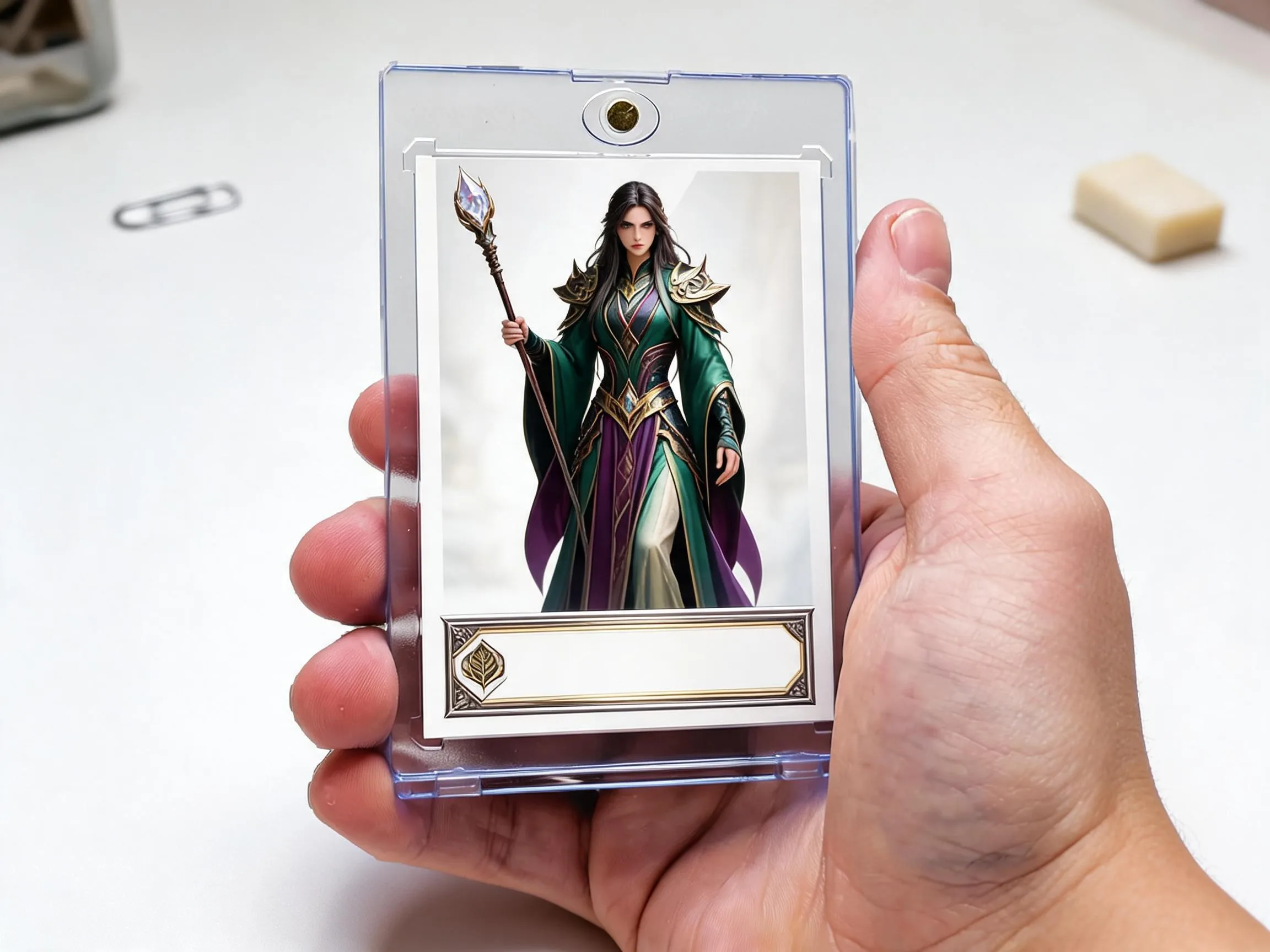 Custom keepsake trading card in a magnetic case displayed on a white tabletop