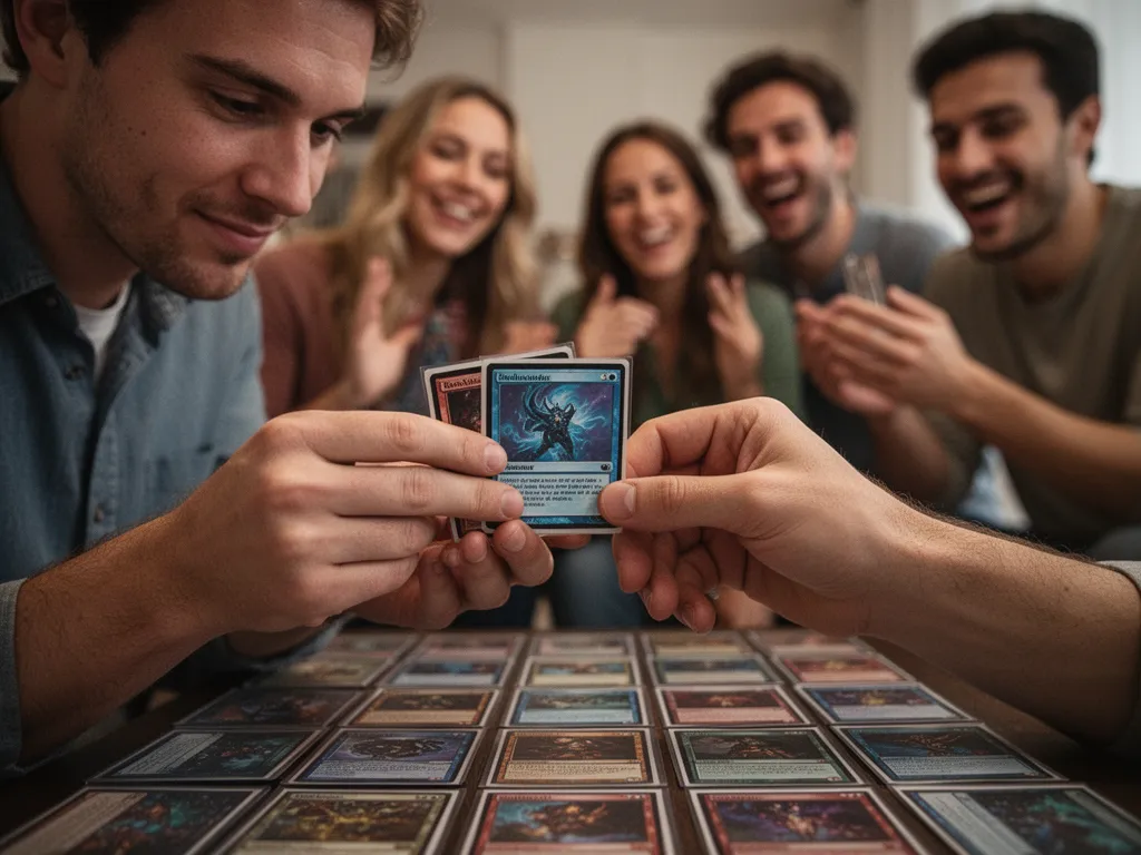 [Player's hands examining trading card closely with concentrated expression and friends celebrating nearby]