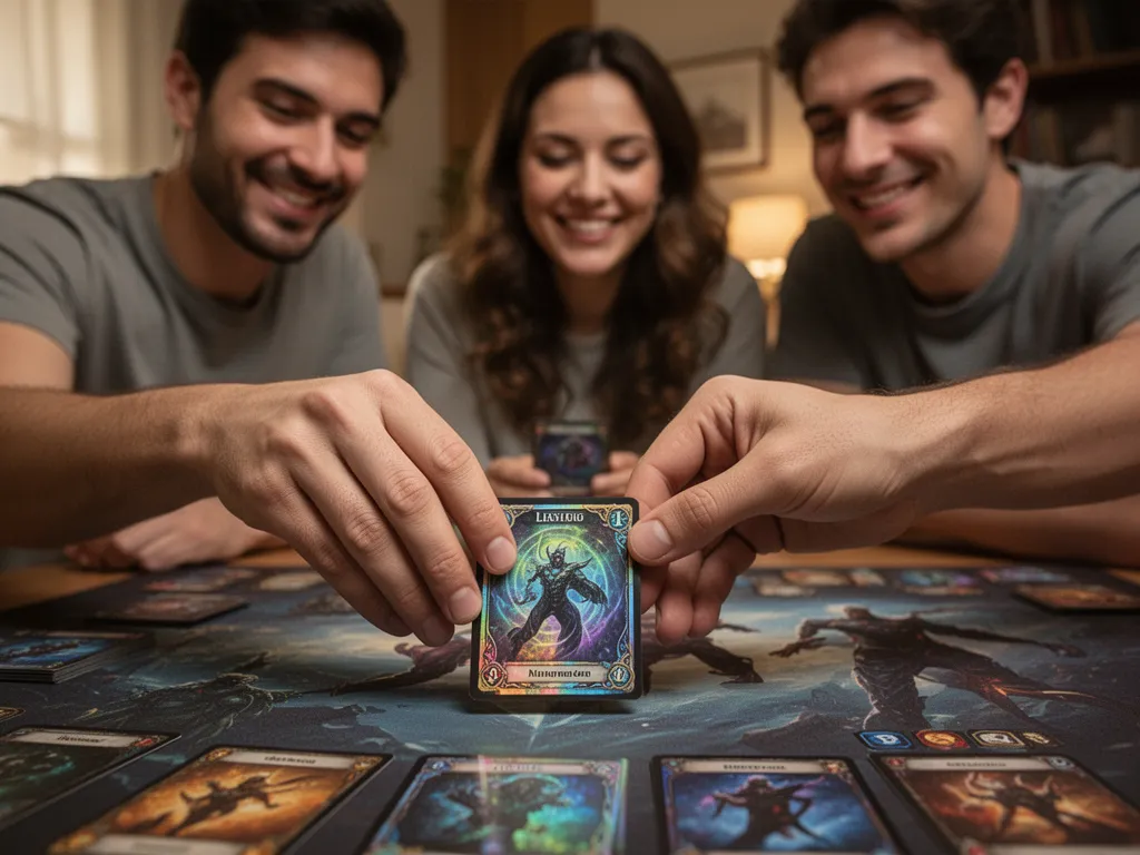 [Young player's hands placing holographic card while parents celebrate victory in background]