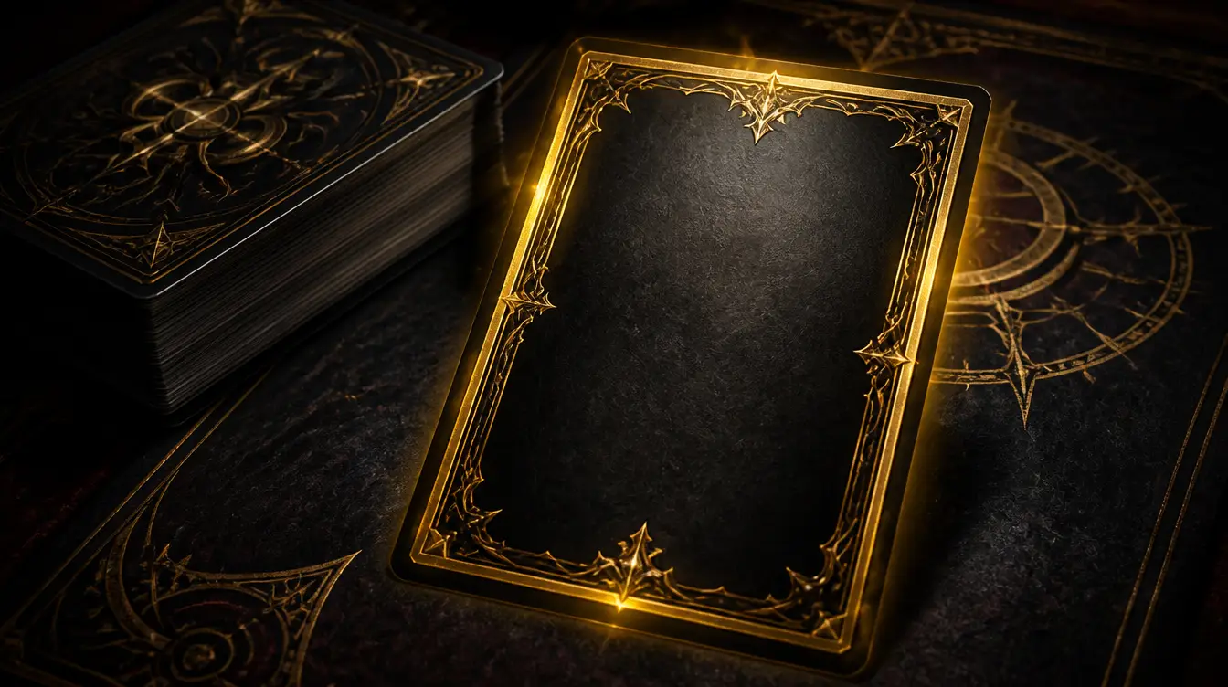 A blank dark fantasy trading card with an ornate gold-and-black border on a dueling mat