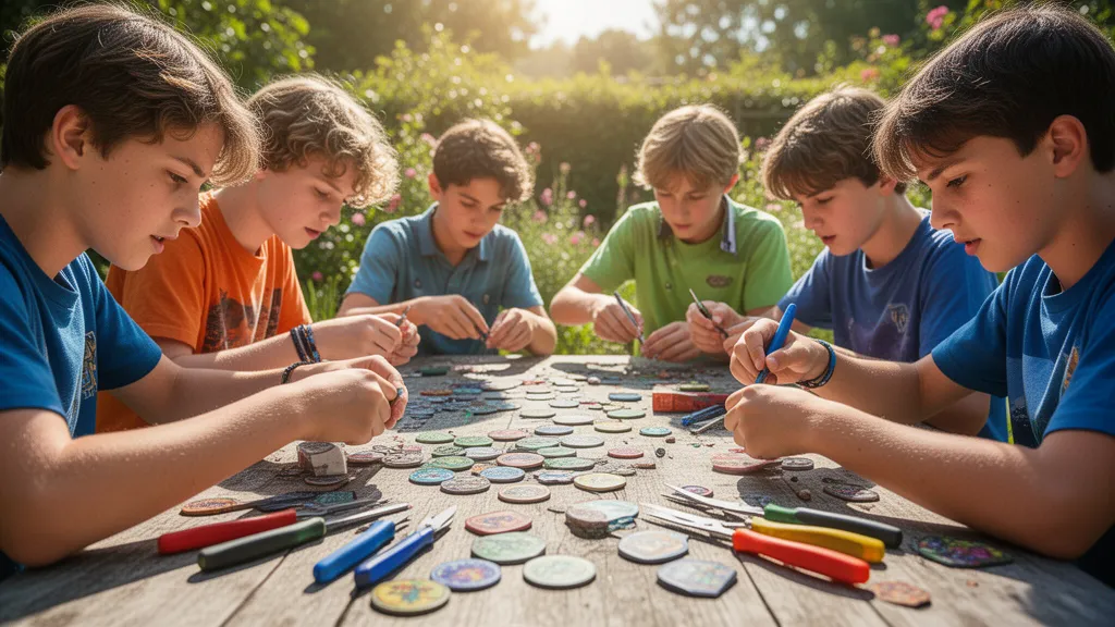 Young players collaboratively crafting custom tokens outdoors in natural daylight with focused intensity and dynamic energy.