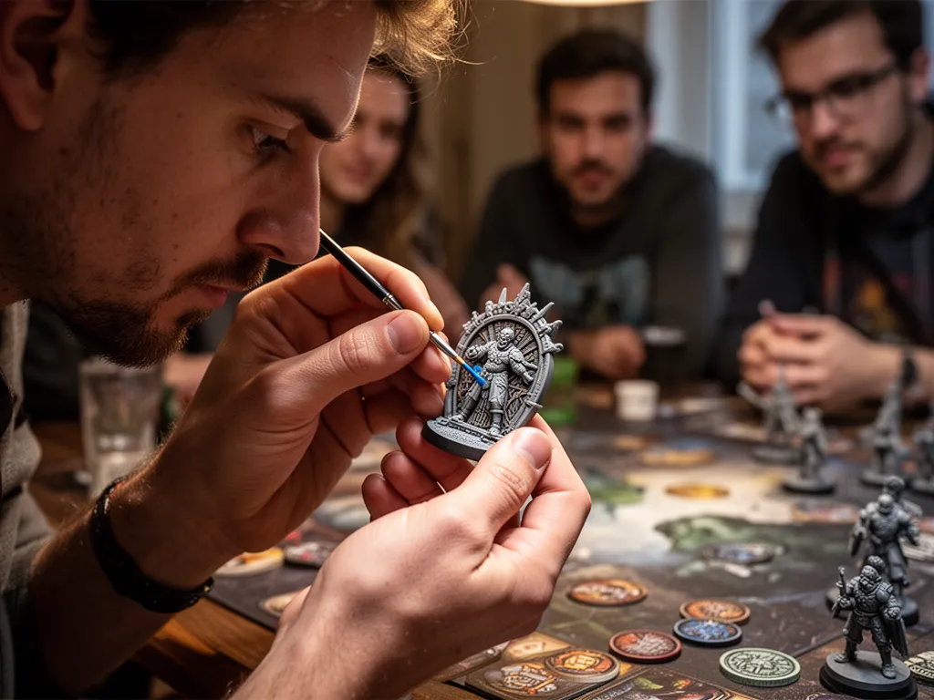Player's hands carefully sculpting and painting an intricate token with focused artistic concentration and visible pride.